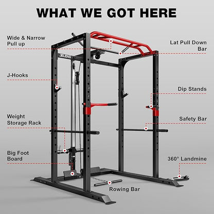 S11 Power Cage, 2000LB Multi-Function Power Rack with LAT Pulldown, Squat Rack with Adjustable Pulley System and Training Attachments, Weight Rack for Home Gym