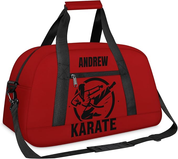 Custom Name Taekwondo Karate Duffle Bag for kids Boy Girls - Personalized Martial Arts Gear Bag, Water-Resistant Sparring Equipment Bag, Karate Red