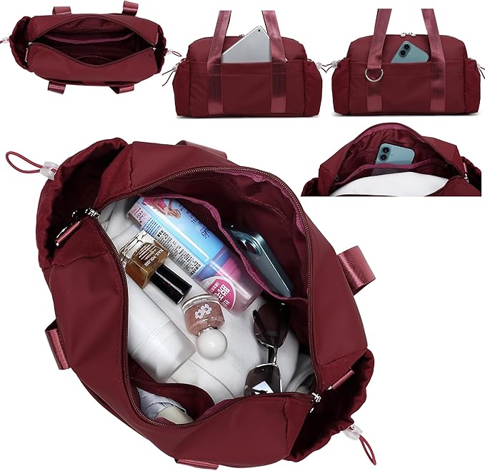 Everyday Mini Gym Bag for Women 2.0, Small Tote with Zipper Compartment Waterproof Travel Duffle Cute Handbag Workout Carry On with Removeable Shoulder Strap & Coin Wallet Easy to Clean-Wine
