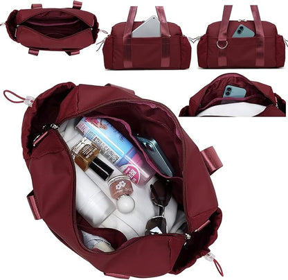 Everyday Mini Gym Bag for Women 2.0, Small Tote with Zipper Compartment Waterproof Travel Duffle Cute Handbag Workout Carry On with Removeable Shoulder Strap & Coin Wallet Easy to Clean-Wine