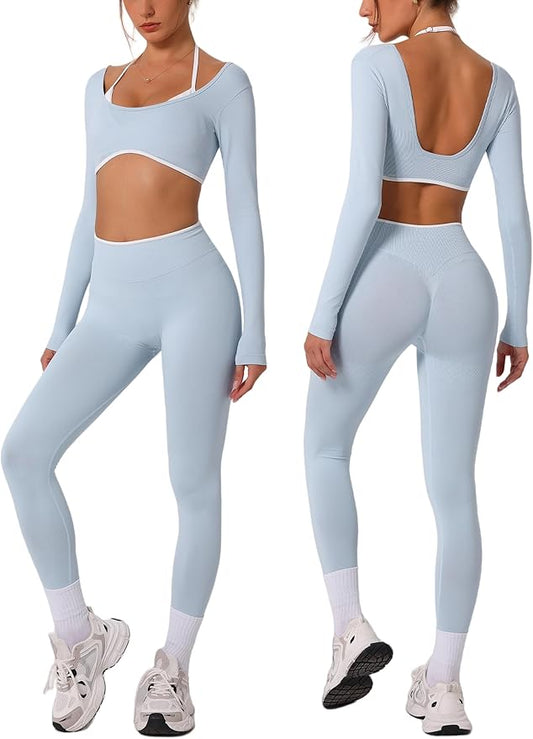 ABOCIW Workout Sets for Women Long Sleeve Crop Top Scrunch Butt Lifting High Waist Leggings 2 Piece Gym Yoga Outfits