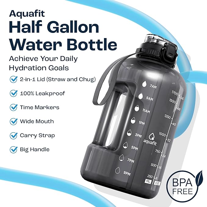 AQUAFIT Half Gallon Water Bottle with Time Marker - Straw & Chug Lid - BPA Free Gym Water Bottle with Straw - Big Gallon Jug (Midnight Gray, 64 oz - 2in1 Lid)