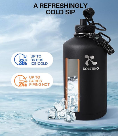 1 Gallon Water Bottle Insulated(COLD for 36 Hrs), Non-BPA & Leak Proof, 128 oz Sports Stainless Steel Water Jug Large with Paracord Handle, Straw & Spout Lid, Magic Black