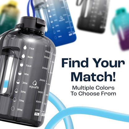 AQUAFIT 1 Gallon Water Bottle with Time Marker - Straw & Chug Lid - BPA Free Gym Water Bottle with Straw - Big Gallon Jug (Galaxy, 128 oz - 2 Lids)