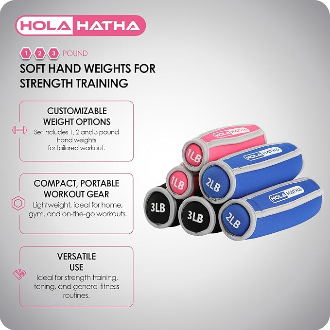 HolaHatha Soft Hand Weights Full Body Strength Training Workout Equipment 1, 2 and 3 Pound Sets for Building and Toning Muscles, Multicolor