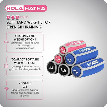 HolaHatha Soft Hand Weights Full Body Strength Training Workout Equipment 1, 2 and 3 Pound Sets for Building and Toning Muscles, Multicolor