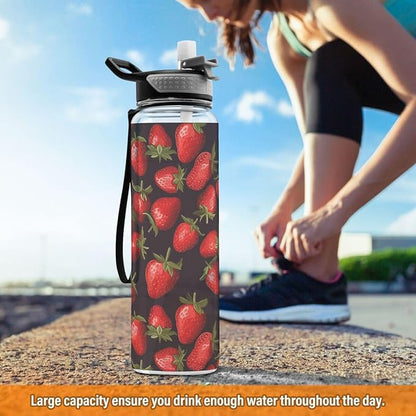 ALAZA Strawberry on Black Sports Water Bottle with Straw Tritan Drink Bottle 32 oz BPA Free Reusable for Travel Outdoor Fitness