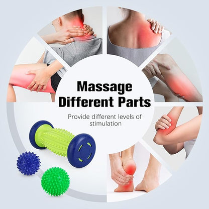 Massage Ball - 3 in 1 - with Foot Roller & Spiky Balls, Plantar Fasciitis Relief and Heel Spur Relief, Foot Roller Massage and Trigger Point Ball