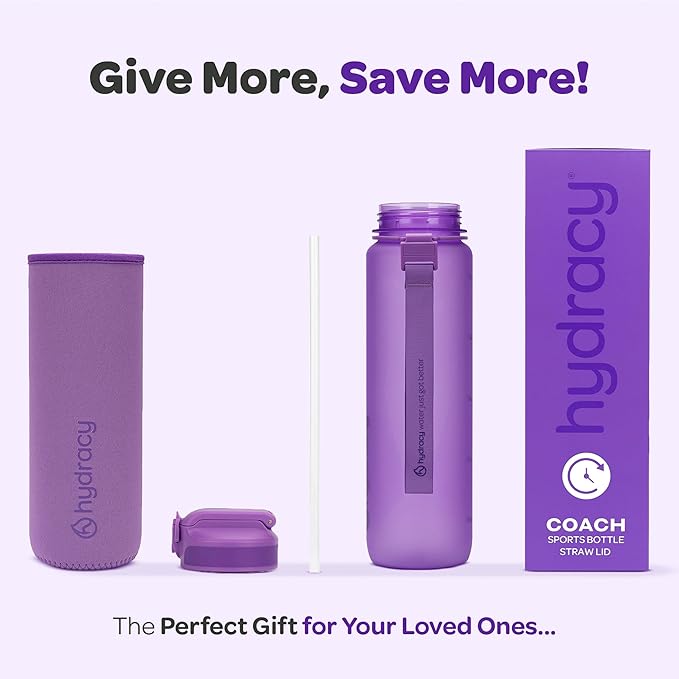 Hydracy Water Bottle with Time Marker -Large BPA Free Water Bottle & No Sweat Sleeve -Leak Proof Gym Bottle with Fruit Infuser Strainer & Times to Drink -Ideal for Fitness Sports & Outdoors