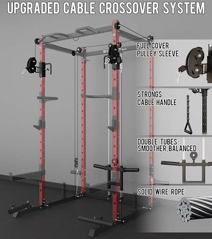 Eonfit E2 Power Cage，1500LB Squat Rack with Cable Crossover System.Multi-Function Power Rack for Home Gum.All-in-One Squat Rack with More Training Attachments