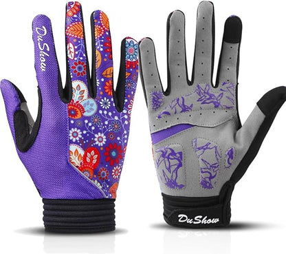 DuShow Bike Gloves for Women Cycling,Pink Floral Workout Gloves Women,Full Finger Biking Driving Riding Gloves for Women,Gel Padded Touch Screen Gym Gloves