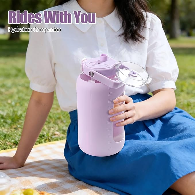 BLUEGO 84oz Glass Water Bottle with Straw and Handle, Large Water Bottle with Sip & Chug Lid, 2.5L Water Jug Silicone Sleeve with Time, Full Day Drinking Bottle for Sports BPA Free, Purple