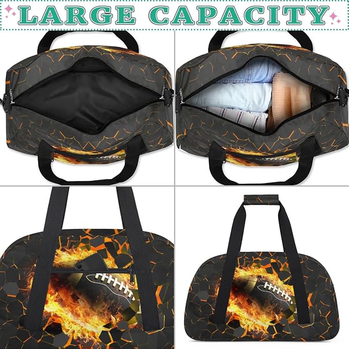 Kids Duffel Bag for Boys - Football Fire Sports Gym Bag Overnight Travel Weekender Bag Lightweight Carry On Sleepovers Bag for School Practice Gymnastics