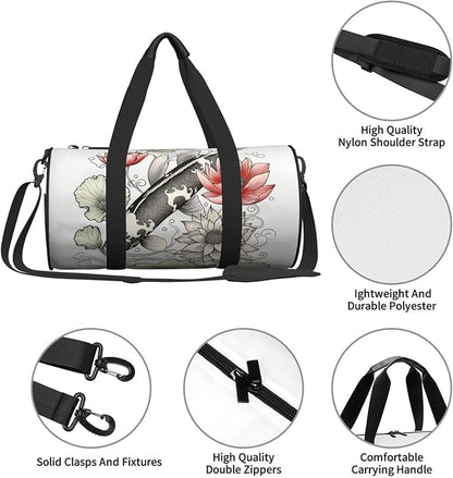 Sports Gym Bag for Women Men Travel Duffel Bag Tote Weekender Bag Carry on Overnight Bag for Travel Swimming Fitness Workout Sports Fish Japanese Carp Lotus Leaves Flower Duffle Bag