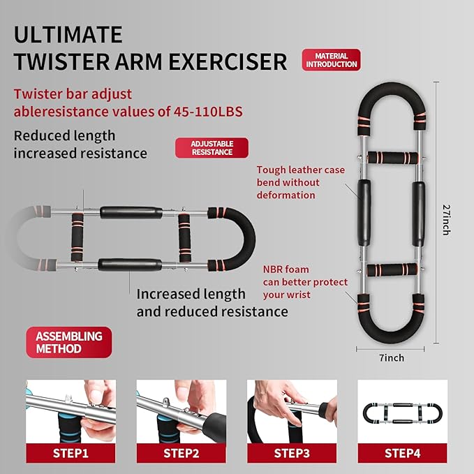 Twister Arm Trainer for Men 5 Level Resistance (45-110 lbs) Chest Workout Equipment for Women Exerciser Bar Biceps Triceps Forearm Abdominal Thigh Back Muscle Exerciser
