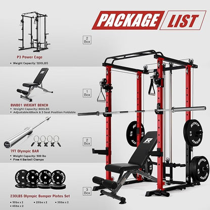 RitFit Multi-Function Garage & Home Gym Package Includes 1200LBS Power Cage PPC03/P3 with Cable Crossover System, Weight Bench, Olympic Barbell Weight Set, Full Body Workout