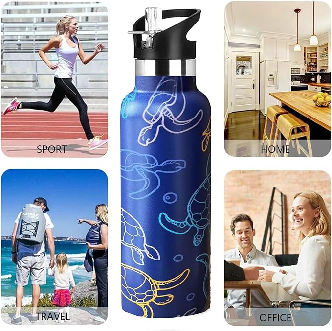 Turtle Sport Water Bottle with Straw, Vacuum Insulated Stainless Steel Thermal Drinking Travel Mug Cups For Gym Fitness Camping-20oz/600ml