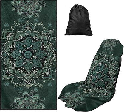 Bulopur Green Boho Mandala Car Seat Towel Cover After Gym Workout Running Swimming Boho Automotive Accessories for Girly Women Non-Slip Sweating Car Seat Cover