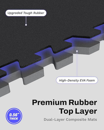 AIRHOP 0.56in Thick 48 Sq Ft Exercise Equipment Mats, 12 Tiles Upgraded Rubber Top with High Density EVA Foam, Large Interlocking Puzzle Gym Flooring for Home Gym, Heavy Weight Workout,Black