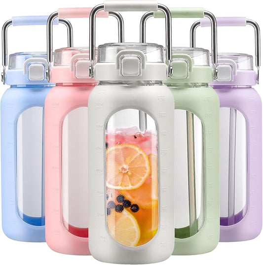 BLUEGO 64oz Water Bottle Glass with Stainless Steel Handle Large Water Bottle with Time Markers and Silicone Sleeve Half Gallon Water Jug BPA Free for Gym Daily Use, White