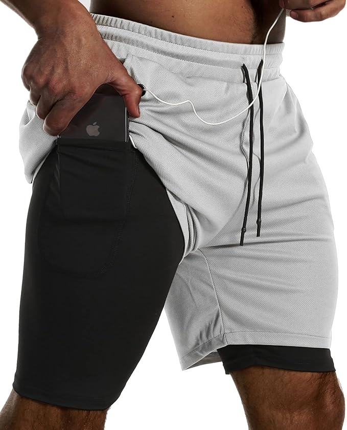 JWJ Mens 2 in 1 Running Shorts Quick Dry Gym Athletic Workout Clothes with Side Pockets