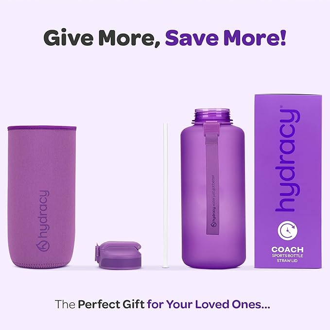 Hydracy Water Bottle with Time Marker -Large BPA Free Water Bottle & No Sweat Sleeve -Leak Proof Gym Bottle with Fruit Infuser Strainer & Times to Drink -Ideal for Fitness Sports & Outdoors