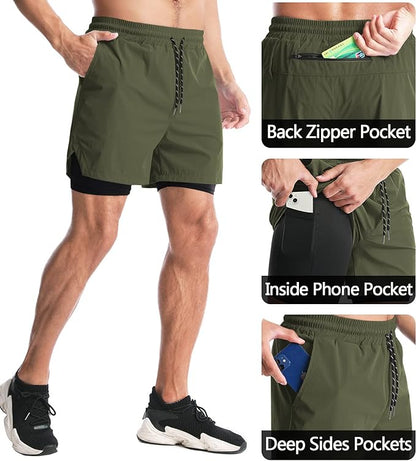Aolesy Men's 2 in 1 Running Shorts 5" Workout Gym Athletic Shorts for Men Quick Dry Lightweight Training Shorts with Pockets