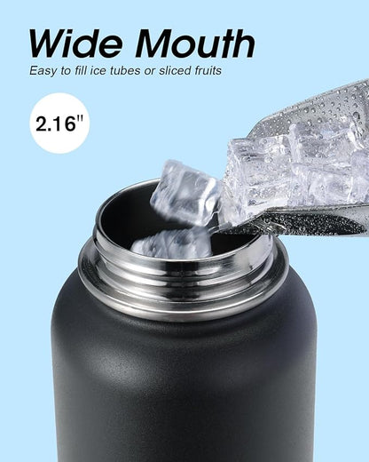 Water Bottle 32 oz Insulated with Straw, Coolflask Stainless Steel Metal 3 Lids Water Flask Wide Mouth for Sports or Office, Non-BPA Keep Cold Up to 48 Hrs or Hot Up to 24 Hrs, Piano Night