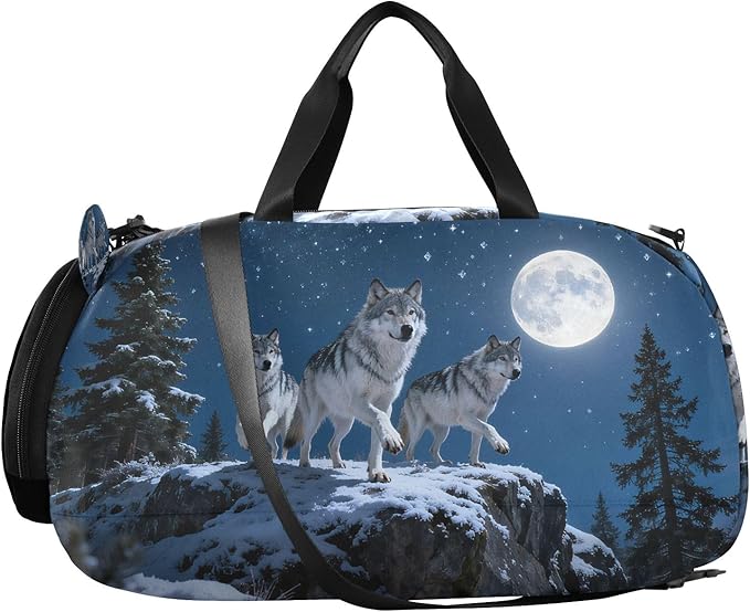 Gym Bag for with Shoe Compartment， Wolves of the Forest pattern Duffle Bag for Travel, Sports, Fitness & Workout