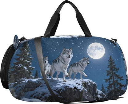Gym Bag for with Shoe Compartment， Wolves of the Forest pattern Duffle Bag for Travel, Sports, Fitness & Workout