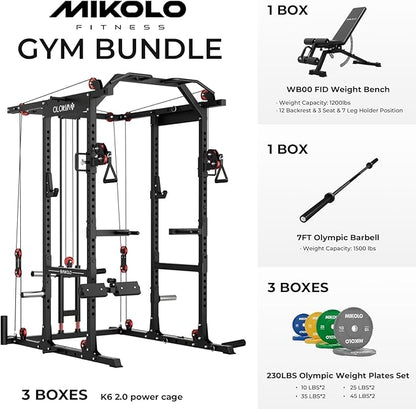 Mikolo K6 2.0 Power Cage, Power Rack with Cable Crossover System, 2000LBS Squat Rack with LAT Pull Down System, Functional Trainer with Aluminum Pulley System for Home Gym