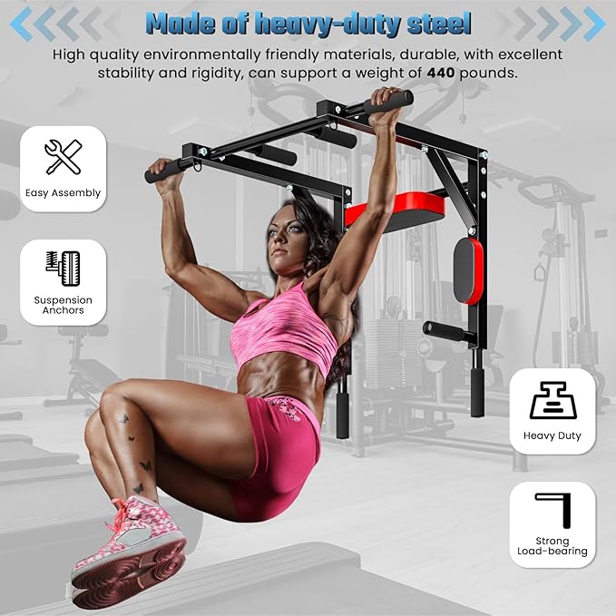 2 in 1 Pull Up Bar,Wall Mounted Pull Up Bar Chin Up for Home Gym Workout,Pull Up Bar Dip Station,Power Tower Set,Heavy Duty Pull-up Chin Up Bar,Indoor Fitness Equipment 440lbs Black