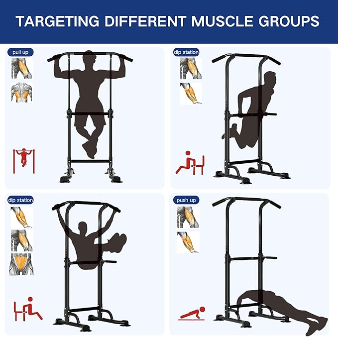 BARWING Pull Up Bar Station, Power Tower, Dip Station with 3D Backrest, Multi-Function Strength Training Stand Rack, Adjustable Height Dip Bar for Home Gym Workout Stand Fitness Exercise Equipment