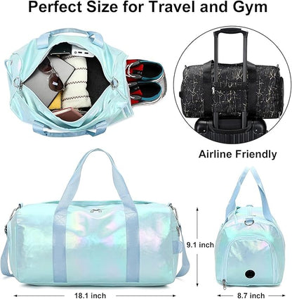 Gym Bag Sports Duffle Bag with Wet Pocket Weekender Overnight Bag with Waterproof Shoe Compartment for Girls Kids Women Travel Dance Yoga Workout Bag (Green)