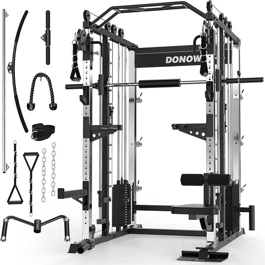 DONOW Smith Machine with Weight Stacks, Heavy Duty Home Gym System Power Cage Cable Crossover Machine Multi-Functional Trainer Ratio 1:1