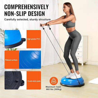 Half Exercise Ball Trainer 23 inch Balance Ball Trainer 1500lbs Capacity Stability Ball with Resistance Bands & Foot Pump, Strength Fitness Ball for Home Gym Full Body Workout