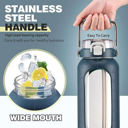 BLUEGO 64oz Water Bottle Glass with Stainless Steel Handle Large Water Bottle with Time Markers and Silicone Sleeve Half Gallon Water Jug BPA Free for Gym Daily Use, Dark Blue