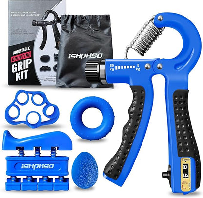 Adjustable Grip Strength Trainer Kit 5-in-1 with Counter, Hand Gripper & Finger Exerciser for Forearm Strength, Physical Therapy for Carpal Tunnel & Arthritis, Portable Workout Equipment for Rock Climbing & Gym, Gifts for Men