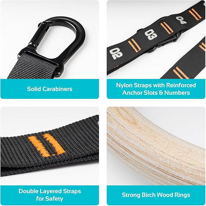 Vulken Wooden Gymnastic Rings with Adjustable Numbered Straps. 1.1'' Olympic Rings for Core Workout and Bodyweight Training. Home Gym Rings 1600lbs with Workout Handles