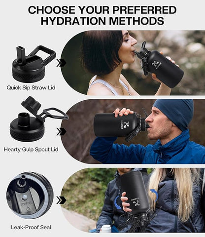 Insulated Water Bottle 64 oz(COLD for 36 Hrs), Half Gallon Stainless Steel Sports Water Jug, Non-BPA & Leak Proof, Large Water Flask with Straw, Magic Black