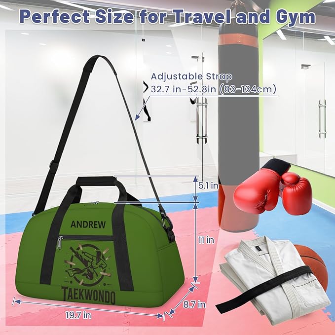 Custom Name Taekwondo Karate Duffle Bag for kids Boy Girls - Personalized Martial Arts Gear Bag, Water-Resistant Sparring Equipment Bag, Taekwondo Green