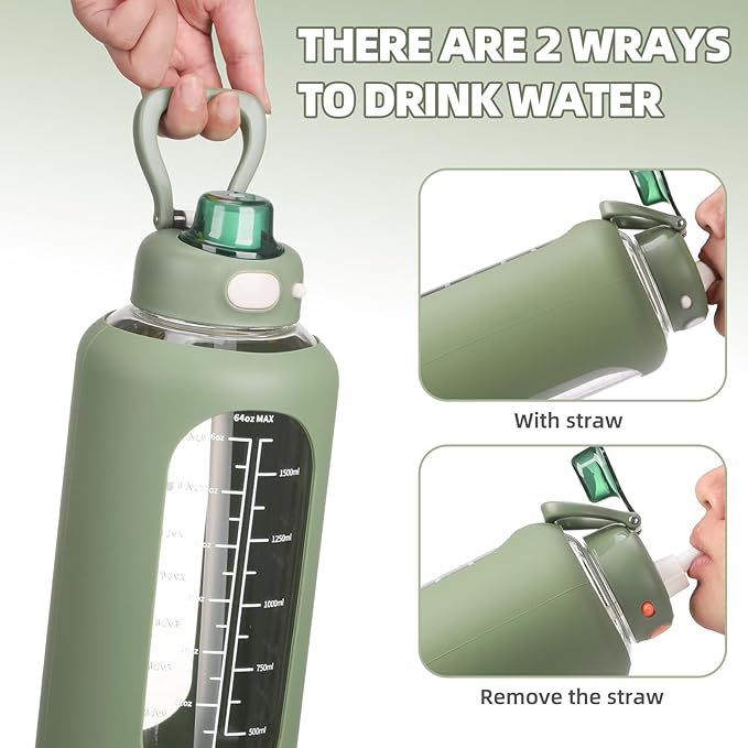 SIEROZUR 64 oz Glass Water Bottle with Straw and Handle Half Gallon Large Water Bottle with Silicone Sleeve and Time Marker Sports Water Jug Wide Mouth for Travel Gym