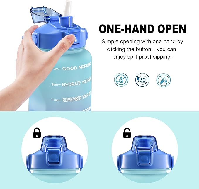 EYQ 64oz/128oz Leakproof Free Drinking Water Bottle with Motivational Time Marker BPA Free for Fitness, Gym and Outdoor Sports