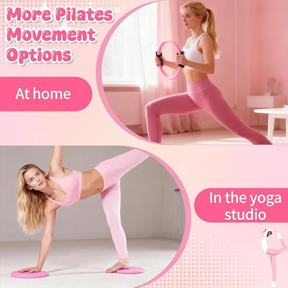 Pilates Equipment Kit for Home Workouts - 18pcs Set- 14'' Pilates Ring and Ball Set for Women, Pilates/Yoga Accessories Kit with Wrist Weights, Resistance Bands, Core Sliders, Yoga Strap, Socks, Bag