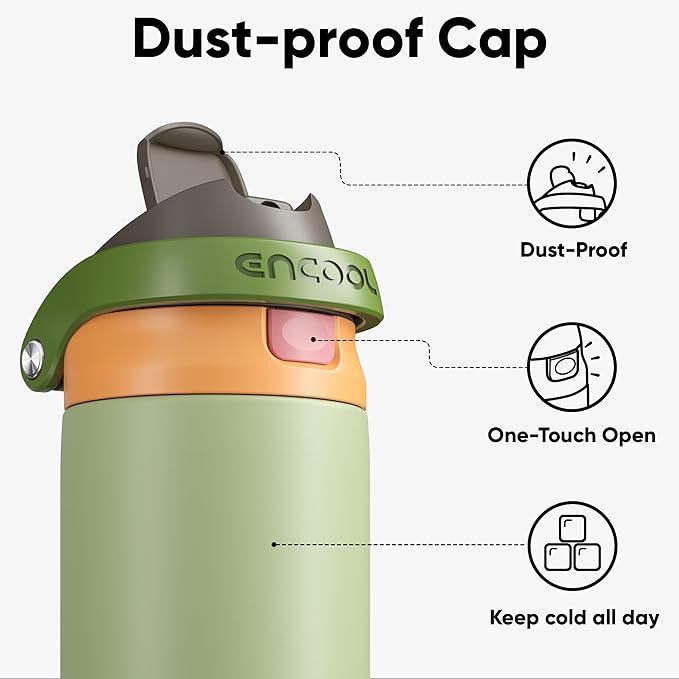 ENCOOL Leakproof Insulated Water Bottle with Straw Dual-Sip Water Bottle Bag-Safe Design for Work, Commute & Gym – Keeps Drinks Cold All Day, 32 oz, Sage Green