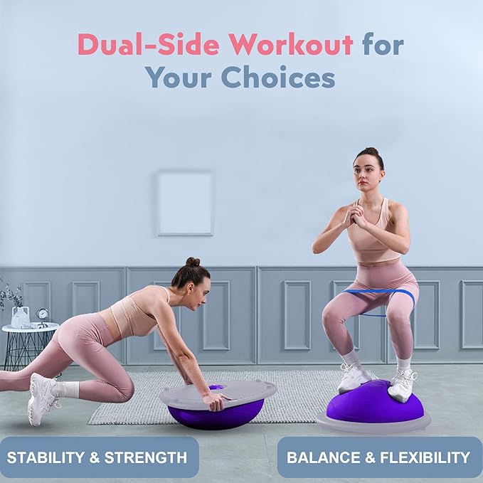 Half Balance Ball Trainer, Inflatable 19/23 Inch Half Exercise Ball with Resistance Bands and Pilates Ball, Non-Slip 660lbs Capacity Yoga Ball for Home Gym Full Body Workouts