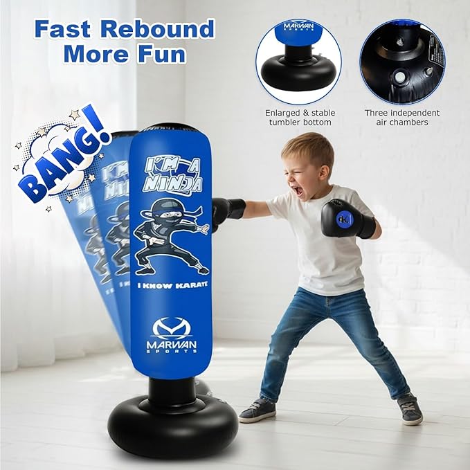 Marwan Sports Punching Bag for Kids with Boxing Gloves Ages 4-12 – 63" Inflatable Boxing Bag for Kids, Fast Rebound Set, Christmas & Birthday Gift for Boys & Girls
