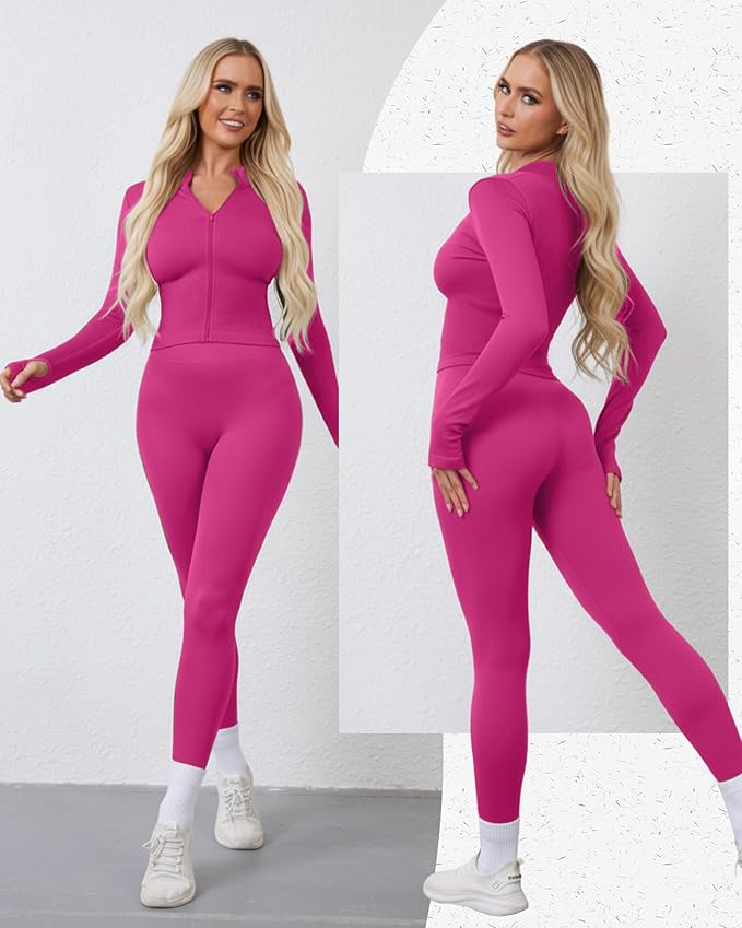 Women 3 Piece Seamless Workout Set Sports Bra High Waisted Gym Yoga Leggings Zip Up Jacket with Thumbhole Activewear