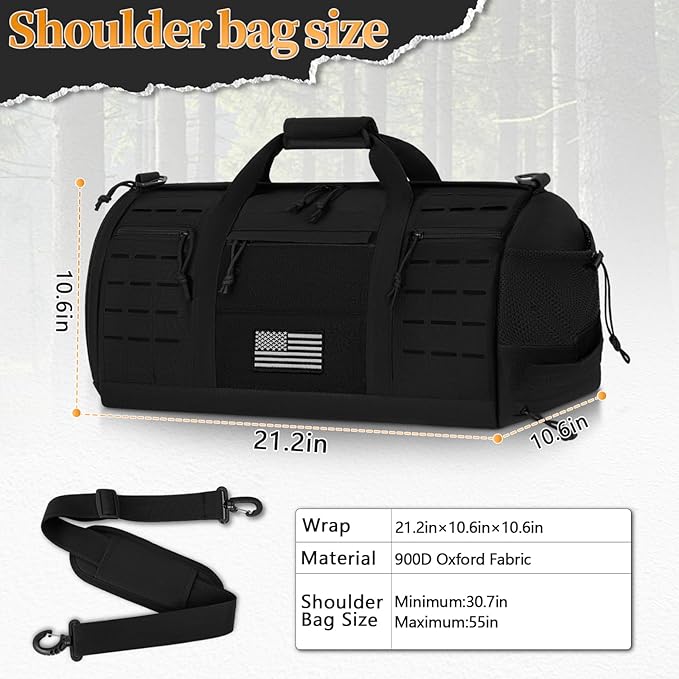 GMAK Military Tactical Duffle Bag for Men, 40L Sports Gym Bag with Shoe Compartment, Carry on Tote Travel Duffle Bag for Weekender Overnight Gym Workout Training Basketball Football, Black