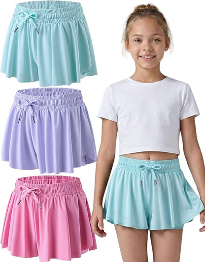 3 Pack Girls Flowy Shorts with Spandex Liner 2-in-1 Youth Butterfly Skirts for Fitness, Running, Sports